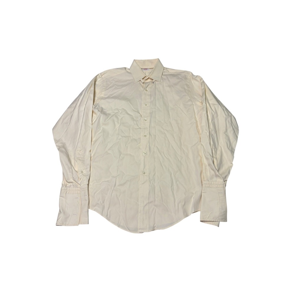 VTG Brooks Brothers Makers Mens Cream Tab Collar French Cuff Cotton Dress USA 17
